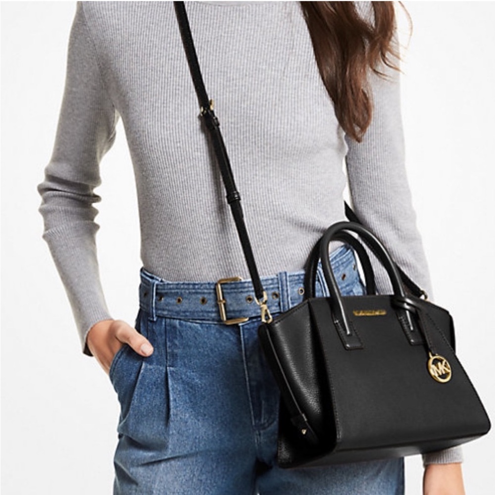 Michael Kors Avril Small Leather Top-Zip Satchel Crossbody Black - Picture 6 of 7